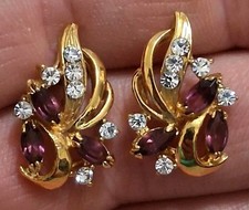 Gold plated marquise-cut purple stone earrings w/clear accent stones, open work Coloured Stone Earrings price