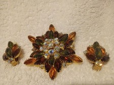 Vintage High End Gold Tone Fall Colored Stones Brooch & Clip Earrings Stunning! Coloured Stone Earrings price