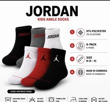 $18 value Nike Jordans Boys 6 pair of Ankle Socks Basketball Cushioned SZ 3Y-5Y Boys' Socks price