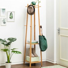 Bamboo Hall Tree Coat Rack w/ 2 Tier Storage Shelves Home Bedroom Clothes Hanger Hall Tree price