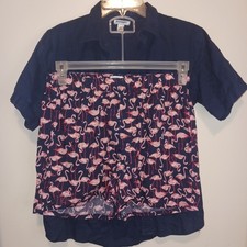 Old Navy Boys Navy Blue Button Down Shirt and Flamingo Print Shorts Set L M Boys' Beachwear price