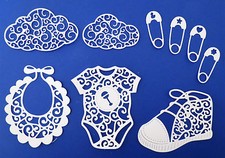 Baby Bodysuit Bib Shoe Safety Pin Set Intricate Paper Die Cut Scrapbooking Baby Safety Set price