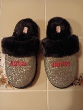 Justice House Slippers Size 4-5 Youth, Silver Sequins, Black Faux Fur, Logo EUC Girls' Slippers price