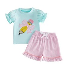NEW Back to School Pencil Applique Shirt & Seersucker Shorts Girls Outfit Set Baby Shirt price