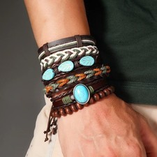 Vintage Bohemian Style Ethnic Leather Men's Bracelet Multi Layer Turquoise Natur Ethnic Bracelet price