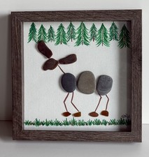 Sea Glass & Pebble Framed Wall Art, Handmade Home Decor, Moose, Adventure 9x9 Natural Stone Wall Art price