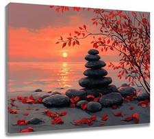 Zen Wall Art Coastal Stone with Red Leaf under Sunset Canvas Wall Art for Bat... Natural Stone Wall Art price