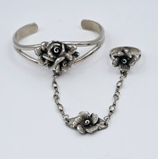 Vtg EJC Silver Tone Rose Floral Slave Bracelet Chain Ring Set Hand Harness Cuff Shahmeran Bracelet price