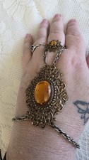 Vintage Hand Chain Bracelet Ring Amber Glass Brass Filigree Mid Century Boho Shahmeran Bracelet price