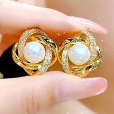 Luxury 14K Gold Plated Pearl Zircon Flower Ear Stud Earrings Women Jewelry Gift Pearl Earrings price