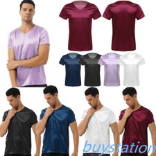 Men's Silk Satin Pajamas V Neck Short Sleeve T-Shirt Loose Tops Soft AU Men's Pajamas price