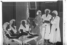 (1) B&W Press Photo Negative Women at Table Group Papers Flag Gathering - T2117 Photo Papers & Acetates price
