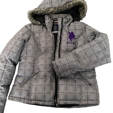 US Polo Assn Jacket Girls Large Gray Plaid Puffer Hooded Faux Fur Winter Coat Girls' Coat price