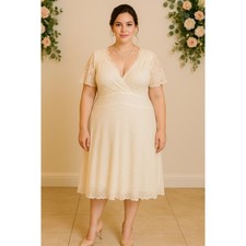 Ivory Lace Wedding Holiday 2X/3X Dress V Neck Empire Waist Elbow Flutter Sleeve Wedding Dress price