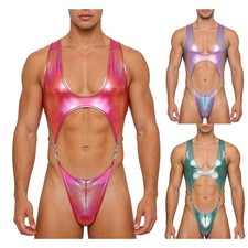 Men's Metallic Bodysuit Button Crotch Cutout High-cutting Jumpsuit Clubwear Men's Jumpsuit price