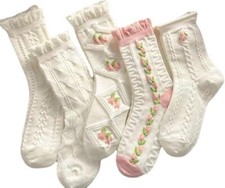 5 Pairs White Cute Socks, Women's Lace Ruffles Ankle Casual Cottage core Sock Women's Socks Set price