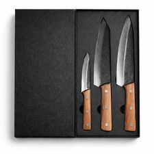 3 Piece Carbon Steel Kitchen Knives Set Chef Utility Paring Wood Handle Box Pareо price