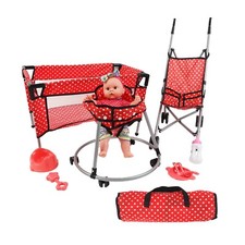 Baby Puppenspielset mit Kinderwagen, Kinderbett, Lauflernwagen, Hochstuhl & Fun Zubehör rot Baby-Töpfchenstuhl price