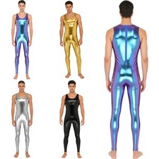 DE Herren Bodysuit Metallic Ganzkörperanzug Ärmellose Lange Overall Karneval Herren-Bodysuit price