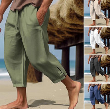 Herren Leinen 3/4 Shorts Capri Stoffhose Sommerhose Baumwoll Bermudas Kurz Hosen Herren-Capri Hosen price