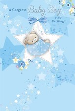 Geburt des neuen Babys Junge Karte - weißer Stern mit Teddy in blauer Hängematte Folie 7,75"x5,2" Baby-Hammock price