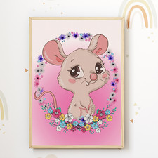Maus Blumenkranz Bild DIN A4 Kinderzimmer Wandbild Babyzimmer Poster Dekoration Babyzimmer Wanddekoration price