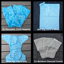 5 BLAUE WIEDERVERWENDBARE WINDELN 5 BAMBUSKOHLE EINLAGEN & NASSBEUTEL - STOFFWINDELPAKET Baby-Nassbeutel price