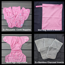 5 ROSA WIEDERVERWENDBARE WINDELN 5 BAMBUSKOHLE EINLAGEN & NASSBEUTEL - STOFFWINDELPAKET Baby-Nassbeutel price