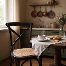 Esszimmerstuhl schwarz gekreuzter Rückenlehne bequem handgefertigt Holz Rattan Sitz Cafe Café- & Kantinenstuhl price