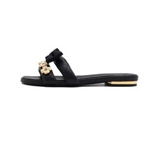 Chanel schwarze Leder Schleife und Perlen Kleeblatt Damen Pantolette Hausschuhe G40132 [U] Damen-Slippers und Sandals price