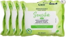 Cien biologisch abbaubare alkoholfreie Gesichtstücher empfindliche Haut 4er Pack (je 25) Makeup Removers price