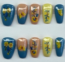 Limited Edition Handmade Teal and Lemon Floral Press on Nails Nail Polish price