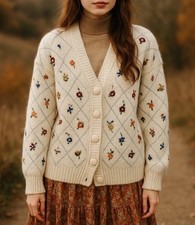 Zara Blumen Wolle Bestickt Strick Cardigan Statement Perlen Grob Limitiert S-M Damen-Strickjacke price