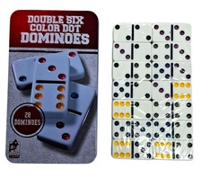Dominosteine Doppelsechs Set Farbpunkte Spielset weiß Doppel 6 Dominos 28 Metallbox Game Set price