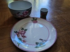 3 teilig Frühstücksset Teller Müslischale Eierbecher Blumen Vögel Shabby Chic Frühstücksset price