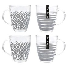 4er Set Kaffeetassen Teetassen Gläser geometrisches Muster grau Klarglas 340ml Cup / Glass / Coffee Set price