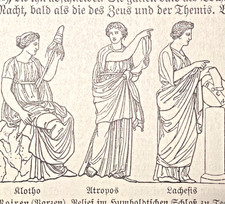 Alte Lithographie, Klotho, Atropos, Lachesis, ca. 1920, Moiren, Mythologie, rar Mythologie price