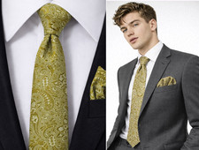 Gold Paisley Herren Krawatte & Taschentuch Set Hochzeit Antik Olivgrün Einstecktuch UK Tie Set price