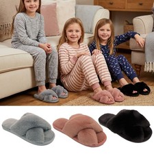 Mädchen Fell Flauschig Cross Over Sliders Hausschuhe Slipper Fell Pantoletten Sandalen Gr Mädchen-Slippers & Sandals price