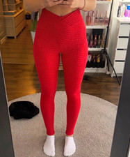 Damen Leggings rot High Waist Strukturmuster elastischer Bund Gr. S Fitness Leggings price
