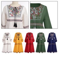 Langarm Bohemian Kleid Baumwolle Leinen bestickt Midi Tunika bescheiden Party Modest-Tunika price