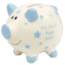 Mein erstes Sparschwein Keramik Spardose weiß mit blauen Sternen Geschenkbox Piggy Bank price