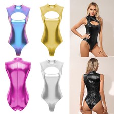 Damen Bodysuit Ärmellos Overall Nachtclub Trikot Catsuit Oberteile Wet Look Damen-Bodysuit price