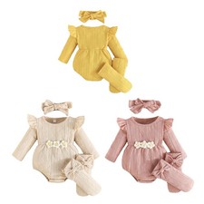 DE Baby Mädchen Bodysuit Weich Ruffle Runder Hals Romper Outfits Anzug 3 Stück Mädchen-Bodysuit price