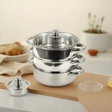 3 STUFIGER EDELSTAHL 22 CM DAMPFGARER MULTI GEMÜSEKOCHER TOPF PFANNE KOCHGESCHIRR GLASDECKEL Steam Cookers price