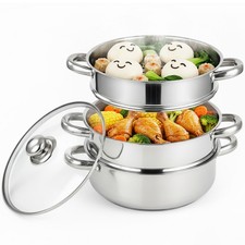 22CM 4-TEILIGES DAMPFGARER TOPFSET PFANNE KOCHEN ESSEN GLASDECKEL 3 ETAGEN EDELSTAHL Steam Cookers price