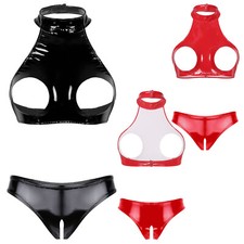 DE iEFiEL Damen Dessous Set Offene BH Lackleder +Offener Schritt Tanga Clubwear Damen-Unterwäsche Set price