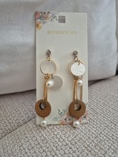 Long Boho Dangle Earrings Gold Tone with Pearls, Wooden Rings & Charms Pearl Earrings price