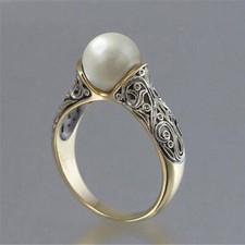 Vintage Wedding Ring for Women White Pearl 18k Yellow Gold Plated Ring Size 6-10 Pearl Anillo price