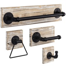 Juego de 4 accesorios de herrajes de baño rústicos de madera antorchada y metal negro Toalla y Albornoz Set price